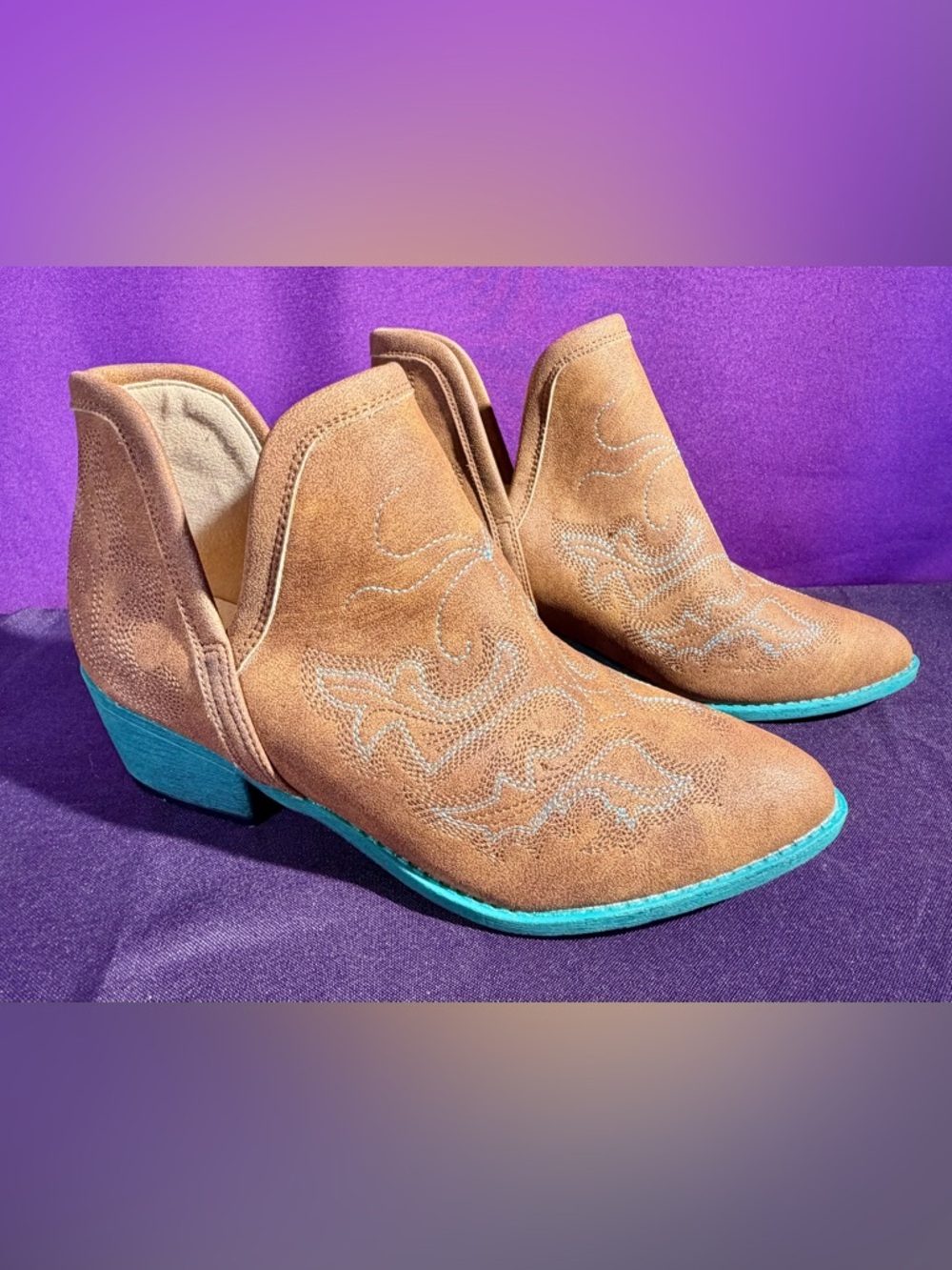Jolimall Womens Western Embroidered Ankle Boots Brown Teal Boho Cowgirl Size 7